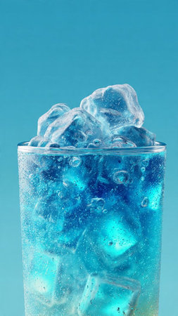 Ice cubes in a glass of water on a blue background close-upの写真素材
