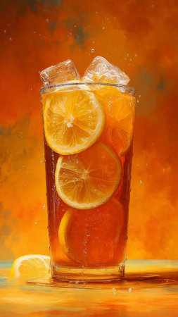 A glass of cola with ice cubes and lemon slices on orange backgroundの写真素材