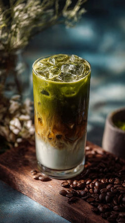 Iced green tea with milk and coffee beans on blue background.の写真素材