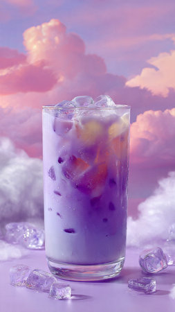 Iced milk tea in a glass with ice and purple sky backgroundの写真素材