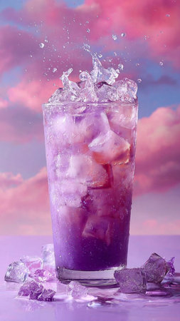 Ice cubes falling into a glass of water with pink and purple sky background