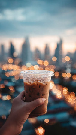 Iced coffee in plastic cup on hand with cityscape background.の写真素材