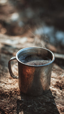 Hot coffee in a metal mug on the background of the forest.の写真素材