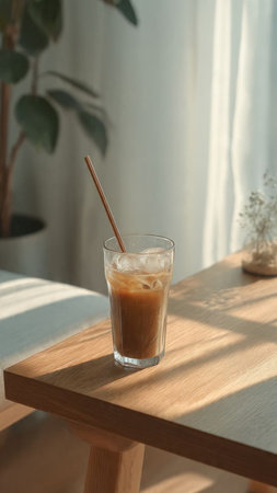 Iced coffee in glass on wooden table in cafe, stock photoの写真素材