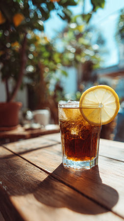Glass of cola with ice cubes and lemon slice on the wooden tableの写真素材
