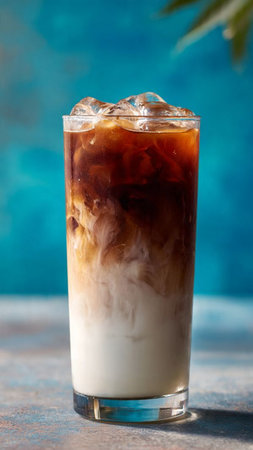 Iced coffee in a tall glass with ice cubes on blue background