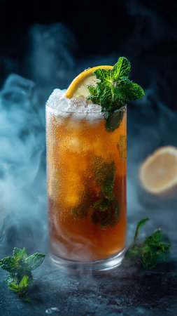 Cocktail with lime, mint and ice on a dark backgroundの写真素材