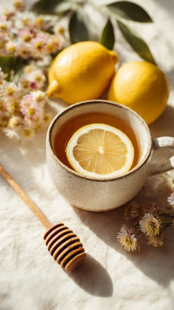 Cup of tea with lemon and honey on table, closeupの写真素材