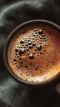 Cup of coffee with foam on a dark background close-upの写真素材