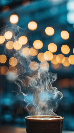 Coffee cup with smoke on bokeh lights background.の写真素材