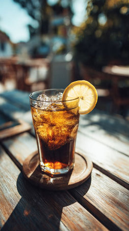 Cola with ice cubes and lemon in a glass on a wooden tableの写真素材