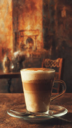 Cappuccino coffee in a glass cup on a wooden tableの写真素材