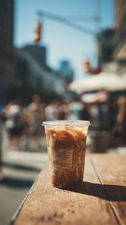 Iced coffee in plastic cup on wooden table with blurred people on backgroundの写真素材