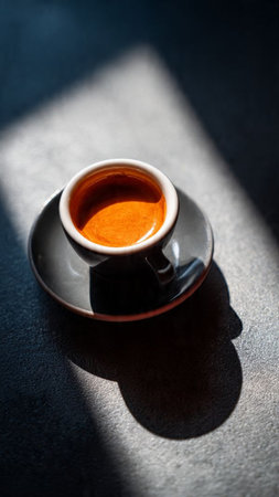 Espresso coffee in a cup on a dark background with sunlightの写真素材