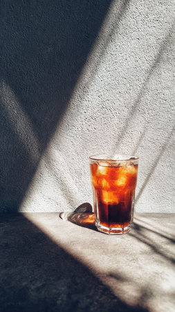 Iced coffee in glass on concrete background with shadow from the sunの写真素材