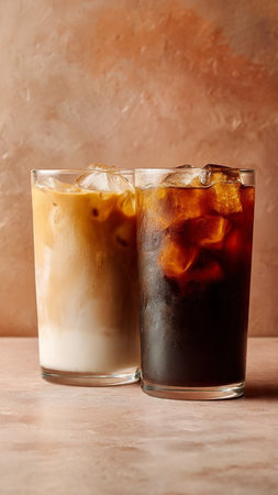 Two glasses of iced coffee with ice cubes on beige background