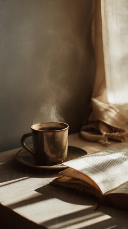 A cup of coffee and a book on the windowsill in the morningの写真素材