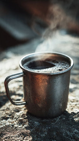 Coffee in a metal mug on the background of a campfireの写真素材
