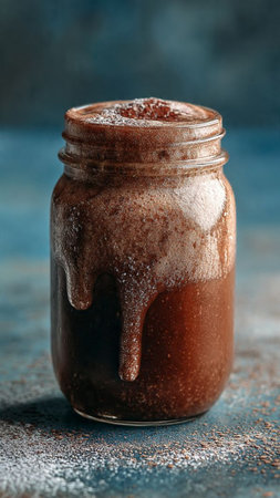 Homemade chocolate pudding in a glass jar on a blue background.の写真素材