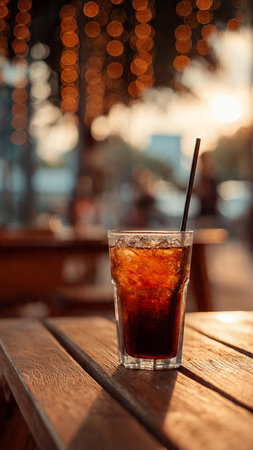 A glass of cola with ice on a wooden table in a cafeの写真素材