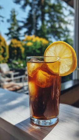 Iced coffee with lemon in a glass on the terrace.の写真素材