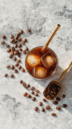 Glass of cola with ice cubes and coffee beans on the tableの写真素材