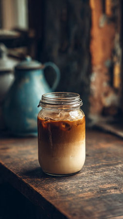Iced coffee in a glass jar on a rustic wooden tableの写真素材