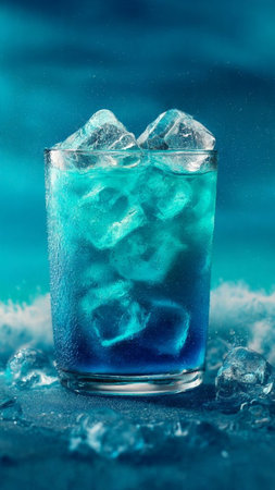 Cocktail with ice cubes on blue background, close-upの写真素材