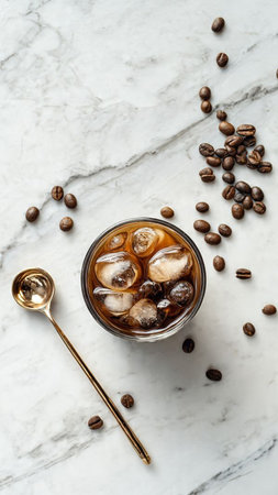 Iced coffee with ice cubes and coffee beans on white marble backgroundの写真素材