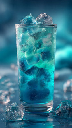 Cocktail in a glass with ice cubes on a blue backgroundの写真素材