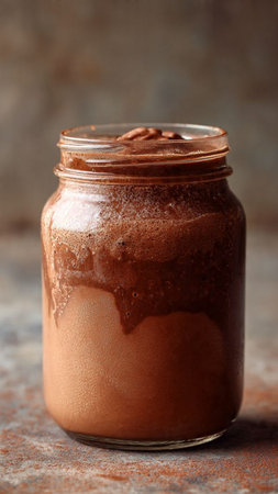 chocolate smoothie in a glass jar on a rusty metal backgroundの写真素材