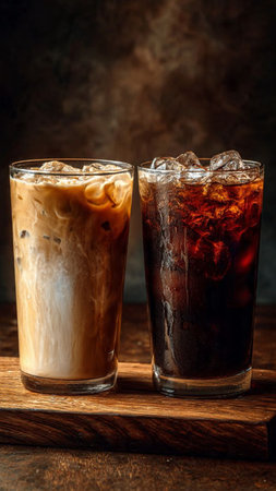 Iced coffee with ice cubes in a glass on a dark backgroundの写真素材