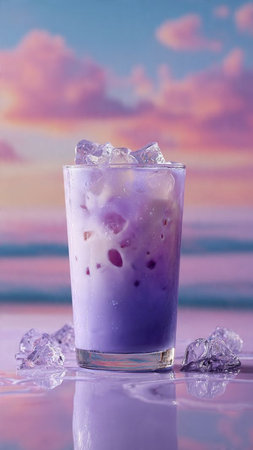 Iced Blueberry Smoothie in a glass with ice cubes on a colorful backgroundの写真素材