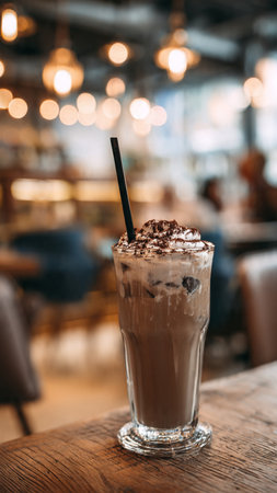 Iced coffee with whipped cream and chocolate on wooden table in cafeの写真素材