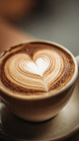 Coffee cup with heart shape latte art on wooden tableの写真素材