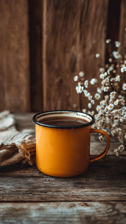 Cup of coffee on rustic wooden background, selective focus.の写真素材