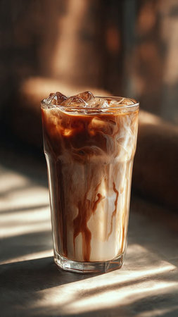 Iced coffee with milk in glass on wooden table in sunlight.の写真素材