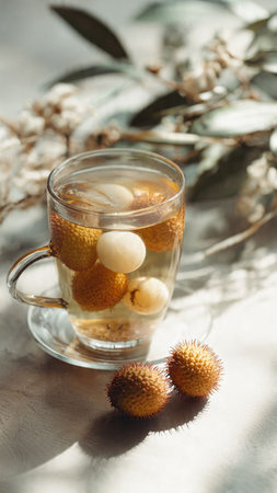 Transparent cup of tea with litchi fruit on light backgroundの写真素材