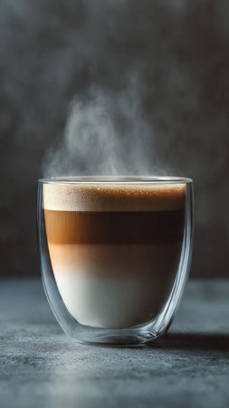 Coffee in a glass cup with steam on a gray backgroundの写真素材