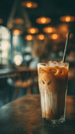 Iced coffee in a glass with straw on wooden table in cafeの写真素材