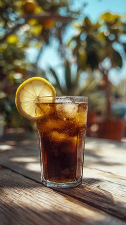 Glass of cola with ice cubes and lemon slice on wooden tableの写真素材