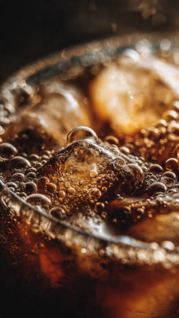 cola with ice cubes on dark background, close-up viewの写真素材