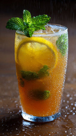 Mojito cocktail with ice and mint on a wooden table.の写真素材