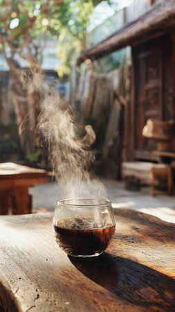 Coffee cup with steam on wooden table in coffee shop.の写真素材