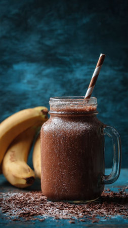 Chocolate banana smoothie in a glass jar with a straw on a blue backgroundの写真素材