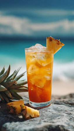 Pineapple juice with ice in a glass on the beach.