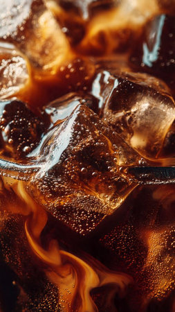 cola with ice cubes on a dark background close-up macroの写真素材