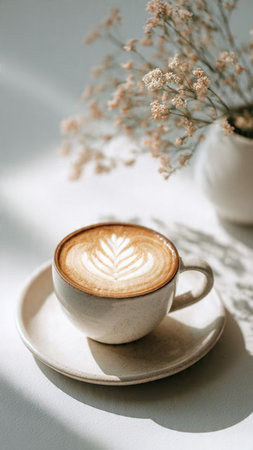 Cup of cappuccino with latte art on white background.の写真素材