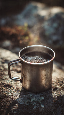 Coffee in a metal mug on a stone in the forestの写真素材