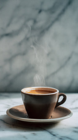 Coffee cup on white marble table with copy space, stock photoの写真素材